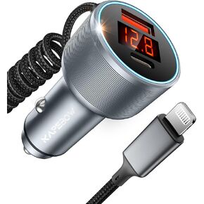 72W 3-Port Car Charger, USB-C, USB-A + Lightning Cable for iPhone-Black in Saudi Arabia