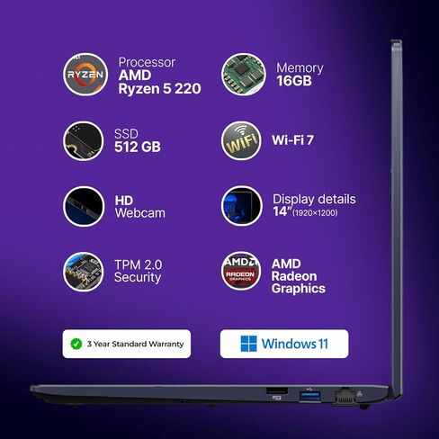 كمبيوتر محمول للأعمال Dynabook Tecra A45-M مقاس 14 بوصة WUXGA، AMD Ryzen 7 250، ذاكرة الوصول العشوائي DDR5 سعة 16 جيجابايت، SSD 512 جيجابايت، Windows 11 Pro، Wi-Fi 7، HDMI، USB-C، RJ-45، TPM 2.0، كمبيوتر محمول احترافي in Kuwait