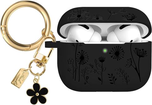 Flower Engraved Case Compatible with AirPods Pro 2 Case Cover 2022, Silicone Case for AirPods Pro 2nd/1st Generation with Cute Flower Keychain and Carabiner for Girls Women，Black in Saudi Arabia