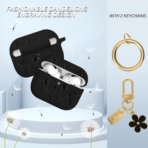 Flower Engraved Case Compatible with AirPods Pro 2 Case Cover 2022, Silicone Case for AirPods Pro 2nd/1st Generation with Cute Flower Keychain and Carabiner for Girls Women，Black in Saudi Arabia