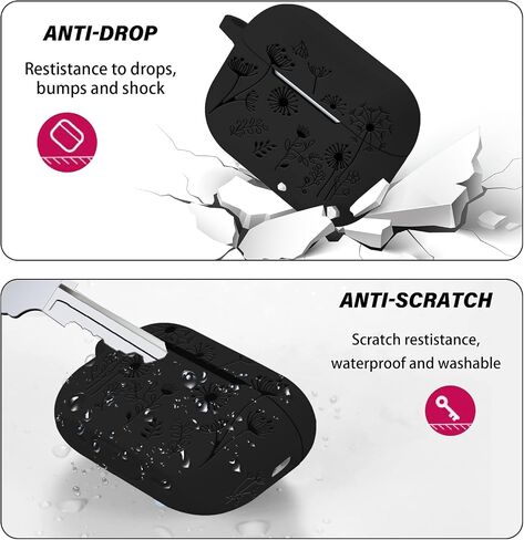 Flower Engraved Case Compatible with AirPods Pro 2 Case Cover 2022, Silicone Case for AirPods Pro 2nd/1st Generation with Cute Flower Keychain and Carabiner for Girls Women，Black in Saudi Arabia