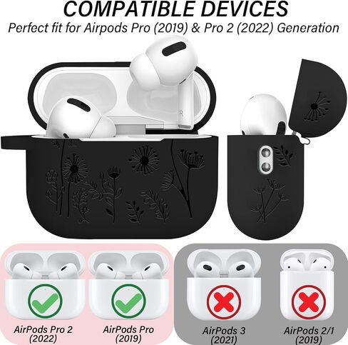 Flower Engraved Case Compatible with AirPods Pro 2 Case Cover 2022, Silicone Case for AirPods Pro 2nd/1st Generation with Cute Flower Keychain and Carabiner for Girls Women，Black in Saudi Arabia