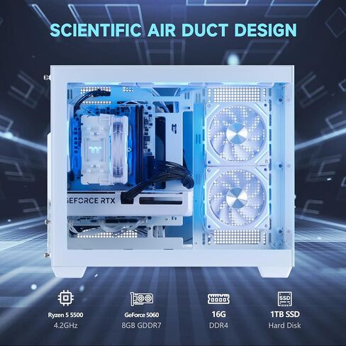 جهاز الكمبيوتر المكتبي للألعاب MLOONG AMD Ryzen 5 5500 GeForce RTX 5060 1 تيرابايت SSD 16 جيجابايت رام 650 وات Win11 واي فاي أبيض in Kuwait