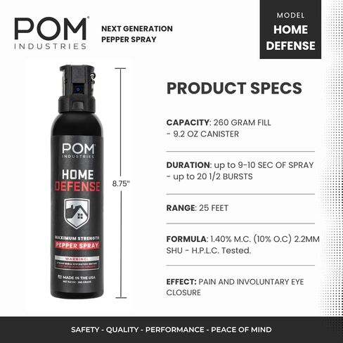 POM Pepper Spray Home Defense Unit, Maximum Strength OC Spray with Pistol Grip Handle and Safety Pin, 25 ft Range, UV Marking Dye, Easy Aim Design, Made in USA in Saudi Arabia