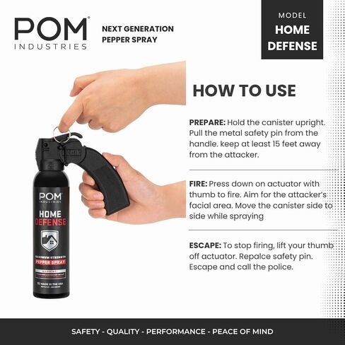 POM Pepper Spray Home Defense Unit, Maximum Strength OC Spray with Pistol Grip Handle and Safety Pin, 25 ft Range, UV Marking Dye, Easy Aim Design, Made in USA in Saudi Arabia