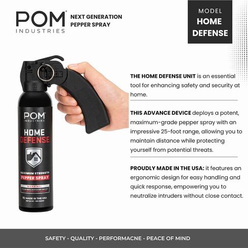 POM Pepper Spray Home Defense Unit, Maximum Strength OC Spray with Pistol Grip Handle and Safety Pin, 25 ft Range, UV Marking Dye, Easy Aim Design, Made in USA in Saudi Arabia