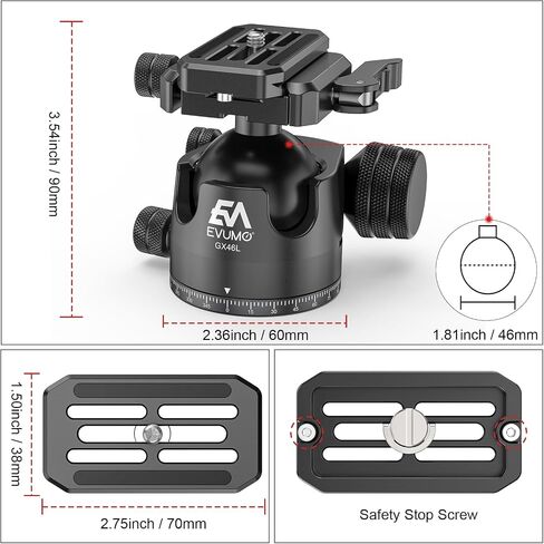 EVUMO GX46L Lever Ball Head for Photography and Shooting, 46mm Low Profile Tripod Ball Head Mount with Arca Swiss Quick Release Plate & Mlok Arca Rail, Compatible with DSLR Camera Camcorder Telescope in Kuwait