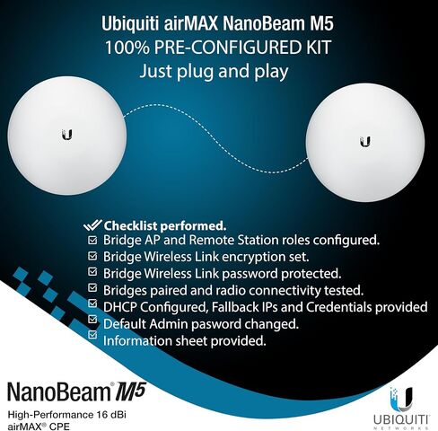 Wireless Bridge Ubiquiti NBE-M5-16 PRE-CONFIGURED, Bundle of 2 Ubiquiti NanoBeam M5 and Two Mounting Poles, Point to Point Outdoor WiFi Bridge, Plug and Play, 5GHz, 150+Mbps, 15+km Link Range in Saudi Arabia