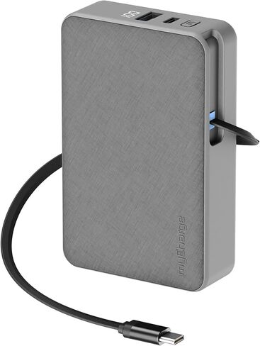 بنك طاقة محمول myCharge RetractaCharger بقدرة 10000 مللي أمبير في الساعة مع كابل USB-C قابل للسحب مقاس 28 بوصة | قابس حائط مدمج | شحن سريع 30 واط PD | منافذ USB-C وA | العرض الرقمي | رمادي in Kuwait