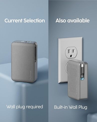 بنك طاقة محمول myCharge RetractaCharger بقدرة 10000 مللي أمبير في الساعة مع كابل USB-C قابل للسحب مقاس 28 بوصة | قابس حائط مدمج | شحن سريع 30 واط PD | منافذ USB-C وA | العرض الرقمي | رمادي in Kuwait