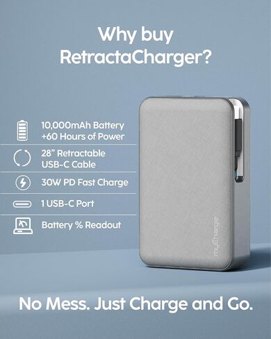 بنك طاقة محمول myCharge RetractaCharger بقدرة 10000 مللي أمبير في الساعة مع كابل USB-C قابل للسحب مقاس 28 بوصة | قابس حائط مدمج | شحن سريع 30 واط PD | منافذ USB-C وA | العرض الرقمي | رمادي in Kuwait