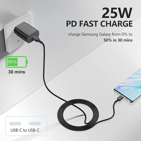 عبوتان لهاتف Samsung Galaxy S23 S22، S21، Note 20 شحن سريع من النوع C، 25 وات USB C شاحن سريع للغاية من النوع C كابل هاتف Android لهاتف Samsung Galaxy S20 Plus Ultra 2 × 6 قدم أسود in Kuwait