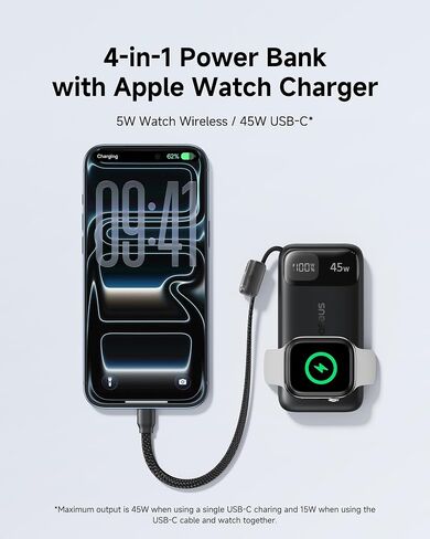 شاحن محمول من Baseus بقدرة 10000 مللي أمبير في الساعة، وبنك طاقة PD بقدرة 45 وات، وكابل USB-C مدمج in Kuwait