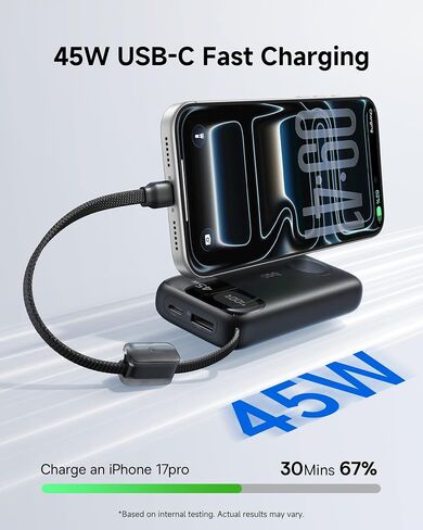شاحن محمول من Baseus بقدرة 10000 مللي أمبير في الساعة، وبنك طاقة PD بقدرة 45 وات، وكابل USB-C مدمج in Kuwait