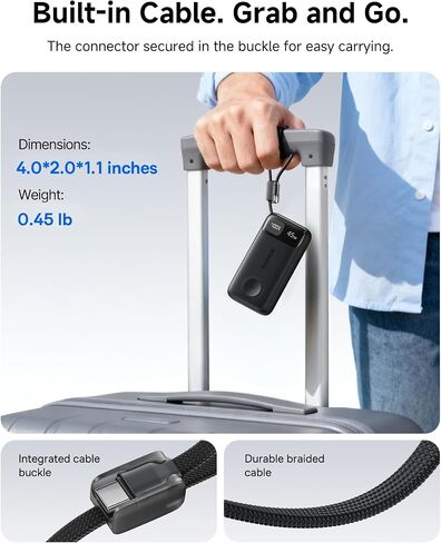 شاحن محمول من Baseus بقدرة 10000 مللي أمبير في الساعة، وبنك طاقة PD بقدرة 45 وات، وكابل USB-C مدمج in Kuwait