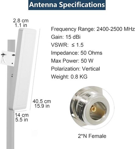 2.4 GHz 2x2 MIMO Flat Panel Antenna Set 15 dBi Long Range Outdoor Directional Antenna Pole Mount with 16ft Extension Cable for Long Range WiFi Reception in Saudi Arabia