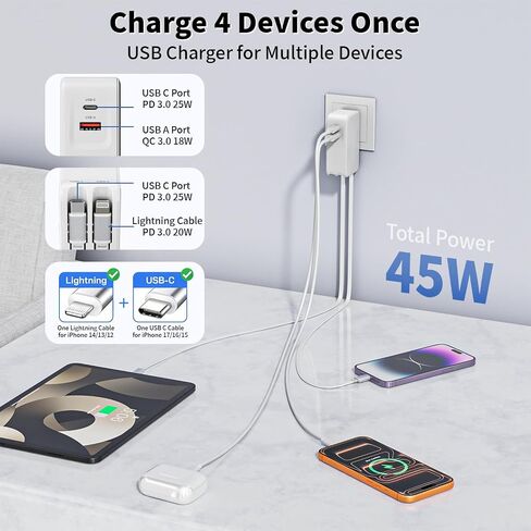 Retractable iPhone Charger,45W 4 in 1 Retractable Phone Charger Wall Plug with USB C and Lightning Cable Fast Charging Block with Dual Port(USB C+USB A) for iPhone 17/Air/16/15/14/13,iPad,Galaxy S26 in Saudi Arabia