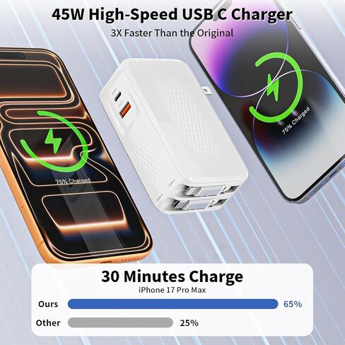 Retractable iPhone Charger,45W 4 in 1 Retractable Phone Charger Wall Plug with USB C and Lightning Cable Fast Charging Block with Dual Port(USB C+USB A) for iPhone 17/Air/16/15/14/13,iPad,Galaxy S26 in Saudi Arabia