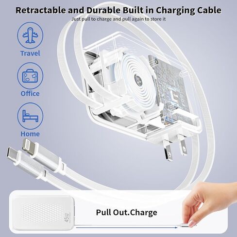 Retractable iPhone Charger,45W 4 in 1 Retractable Phone Charger Wall Plug with USB C and Lightning Cable Fast Charging Block with Dual Port(USB C+USB A) for iPhone 17/Air/16/15/14/13,iPad,Galaxy S26 in Saudi Arabia