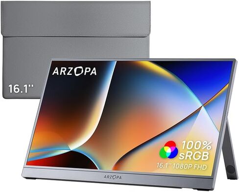 ARZOPA 16.1" Portable Monitor Gray, 100% sRGB FHD 1080P Kickstand & PU Sleeve Bag Combination in Saudi Arabia
