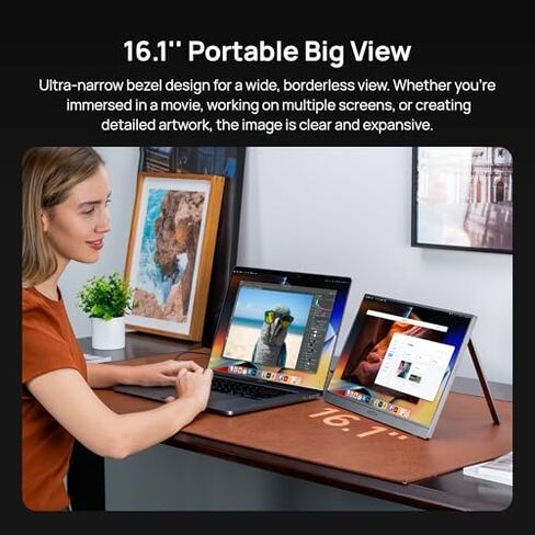 ARZOPA 16.1" Portable Monitor Gray, 100% sRGB FHD 1080P Kickstand & PU Sleeve Bag Combination in Saudi Arabia
