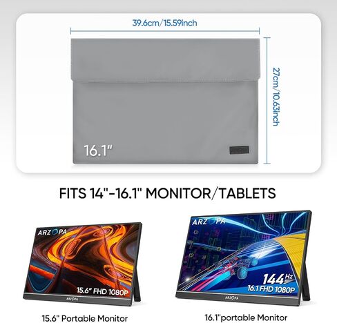 ARZOPA 16.1" Portable Monitor Gray, 100% sRGB FHD 1080P Kickstand & PU Sleeve Bag Combination in Saudi Arabia