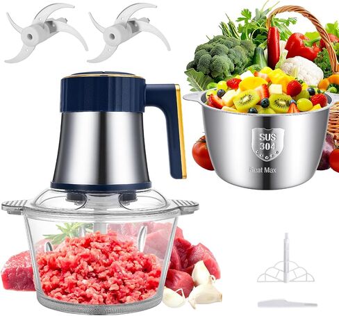 Small Food Processor, Electric Meat Grinder & Vegetable Chopper with 2 Bowls (8 Cup Stainless Steel + 8 Cup Glass) 5-Speed 400W Motor and 2 Sets Blades, Food Chopper for Kitchen Appliances in Saudi Arabia
