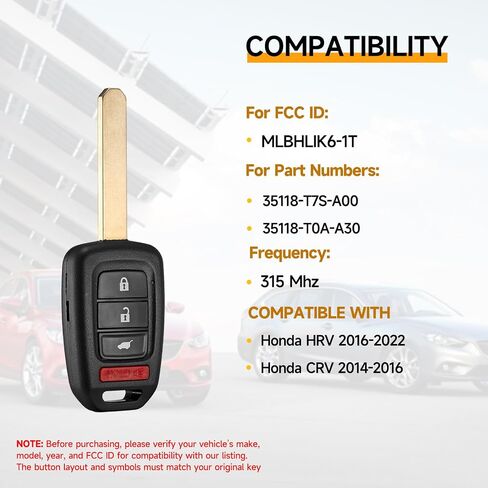 2 Pcs Smart Key Fob Replacement Fits for Honda HRV 2016 2017 2018 2019 2020 2021 2022 CRV 2014-2016 Car Keyless Entry Remote MLBHLIK6-1T 315MHz in Saudi Arabia