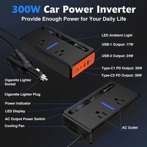 RoyPow 300W Car Power Inverter, DC 12V to 110V AC Power Inverter with Cigarette Lighter Port, Car Plug Adapter Outlet with 3.4A USB-A, QC3.0 24W, PD 30W, PD 36W, Dual AC Outlets, Car Charger Adapter in Saudi Arabia