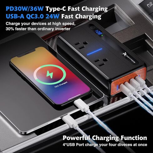 RoyPow 300W Car Power Inverter, DC 12V to 110V AC Power Inverter with Cigarette Lighter Port, Car Plug Adapter Outlet with 3.4A USB-A, QC3.0 24W, PD 30W, PD 36W, Dual AC Outlets, Car Charger Adapter in Saudi Arabia