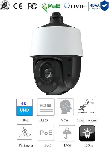 Titanium IP-5PT8ISN27-25X 8MP IP 4-Inch Gen2 Smart PTZ Camera, 25x Optical Zoom Lens (4.8-120mm) 8MP@30FPS Starlight IR (492ft) WDR SD Slot FD VCA Audio/Alarm Auto Tracking 12V DC/PoE+. NDAA in Saudi Arabia