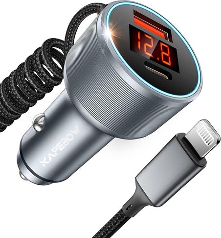 72W 3-Port Car Charger, USB-C, USB-A + Lightning Cable for iPhone-Black in Saudi Arabia