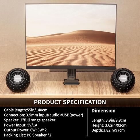 Uakinat 2.0 Computer Speaker, Black, USB Powered, 3.5mm Audio Input, Volume Control, Golf Style, Pair Pack, PC or Laptop in Kuwait