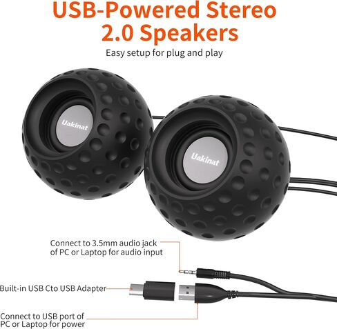 Uakinat 2.0 Computer Speaker, Black, USB Powered, 3.5mm Audio Input, Volume Control, Golf Style, Pair Pack, PC or Laptop in Kuwait