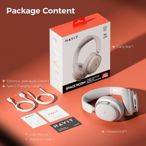 havit Noise Cancelling Headphones Over Ear, Wireless Bluetooth Headphones with 132H Playtime, Fast Charge 5 Min=5H, Foldable, Dual Device, with Mic for Travel Work Office, Gray in Saudi Arabia