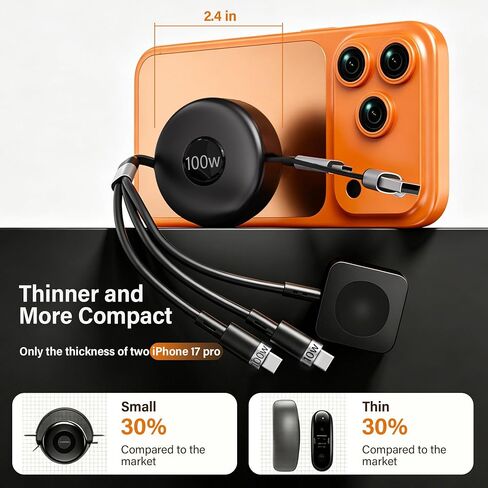 100W Retractable Multi Charging Cable for Apple Watch Charger,Dual USB C in Kuwait