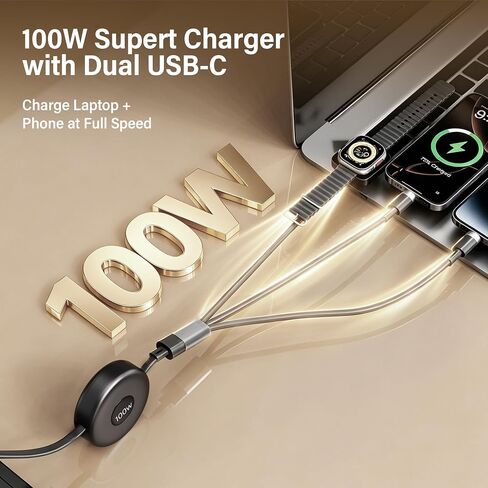 100W Retractable Multi Charging Cable for Apple Watch Charger,Dual USB C in Kuwait