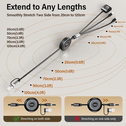 100W Retractable Multi Charging Cable for Apple Watch Charger,Dual USB C in Kuwait