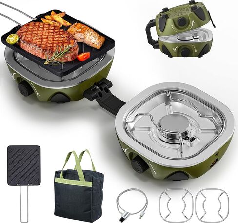 BODEGA 2 Burner Camping Stove,20000 BTU Foldable Propane Camp Stove with Pressure Adjustable Burners,Wind-Resistant Dual Gas Stoves with Portable Handle&Bag&GrillPan for Camping,BBQ,RV,Tailgating in Saudi Arabia
