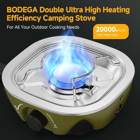 BODEGA 2 Burner Camping Stove,20000 BTU Foldable Propane Camp Stove with Pressure Adjustable Burners,Wind-Resistant Dual Gas Stoves with Portable Handle&Bag&GrillPan for Camping,BBQ,RV,Tailgating in Saudi Arabia