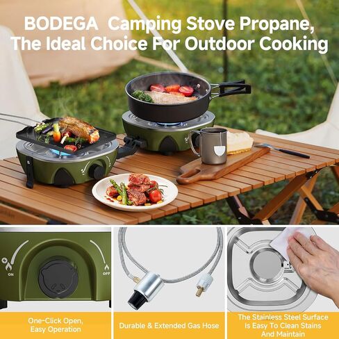 BODEGA 2 Burner Camping Stove,20000 BTU Foldable Propane Camp Stove with Pressure Adjustable Burners,Wind-Resistant Dual Gas Stoves with Portable Handle&Bag&GrillPan for Camping,BBQ,RV,Tailgating in Saudi Arabia