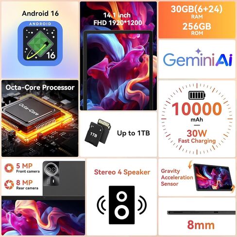 URAO Tablet｜14 بوصة Android 16 Tablet｜30GB RAM 256GB ROM｜1920*1200 IPS FHD｜10000mAh 30W شحن سريع｜معالج ثماني النواة｜Wi-Fi 6, BT 5.4｜كاميرا مزدوجة مع Gemini AI｜لوحة المفاتيح｜قلم الشاشة｜الحافظة｜سماعة الرأس in Kuwait