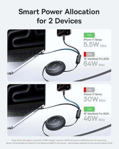 Baseus Retractable USB C Cable 4ft, Single Port Max 100W 2 in 1 USBC to USBC Multi Fast Charging Cable, 5 Length Presets, Type C Charger Cord for iPhone 17 Pro/Plus/Max, Galaxy S24, iPad Pro, Tablet in Saudi Arabia
