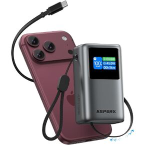 AsperX Portable Charger Power Bank, 45W 10,000mAh, Retractable USB-C Cable in Kuwait