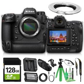 Nikon Z9 Mirrorless Camera Body 45.7MP Full Frame 8K Video 20 fps Raw 493-Point AF Dual CFexpress Slots Wi-Fi Bluetooth (1669) + Megadap + 128GB Memory Card + Flexible Tripod + Cleaning Kit + Cap in Saudi Arabia