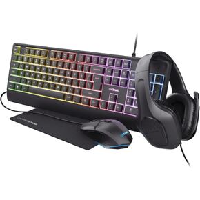 Trust Gaming GXT 792 Quadrox 4-in-1 Gaming Keyboard and Mouse Set, QWERTY UK, Lightweight Headset with Microphone, Mouse Mat, Gaming PC Bundle, RGB Gamer Set for Computer, Laptop, Desktop - Black in Saudi Arabia