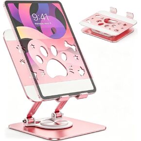 Cute Cat Paw Carbon Steel Tablet Phone Stand, 360 Rotating Heavy Duty Tablet Holder, Foldable Adjustable Stand Compatible with 4.7-13" iPhone, iPad Pro Air Mini, Kindle, Android Tablets (Pink) in Saudi Arabia