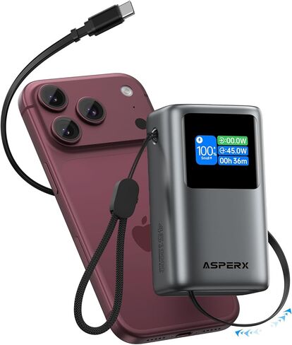 AsperX Portable Charger Power Bank, 45W 10,000mAh, Retractable USB-C Cable in Kuwait