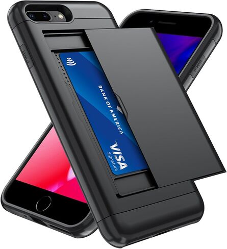 Qinmay Compatible with iPhone SE Case 2022/2020/3rd/2rd & iPhone 8/7 Case with Card Holder, Dual Layer Shockproof,Heavy Duty Protective Hidden Slot Slim Wallet Phone Cover，Black in Saudi Arabia