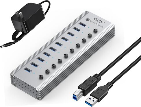 EJAY 10-Port USB 3.0 Data Hub وشاحن مع مفاتيح طاقة فردية مع محول طاقة لأجهزة Mac والكمبيوتر الشخصي (TGH-10U-Gray) in Kuwait